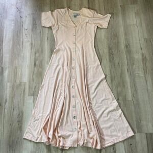 Vintage 1980s midi dress with button up front, light punk/peach
